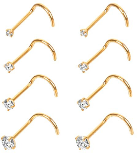 MBAIYO 8Pcs Nose Piercing Studs, Stainless Steel Nose Screw 20G Corkscrew L-Shaped Diamond Small Nose Rings with 1.5-3mm White Zirconia Gold Nose Rings for Women and Men (Gold)