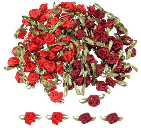 QUARKZMAN 100Pz Mini Rose Finte Rosso Vino/Rosso 1.5x3cm Fiori Artificiali Mini Rose Nastro Finti per Decorazioni Cucito Applicazioni Lavoretti Piccoli Fiocchi in Raso Fiori