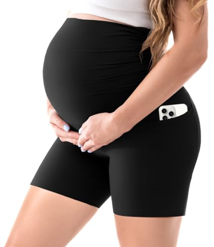Walifrey Women's Maternity Shorts with Pockets Over The Belly,Pregnancy Yoga Pants Activewear Biker Shorts Casual Black L