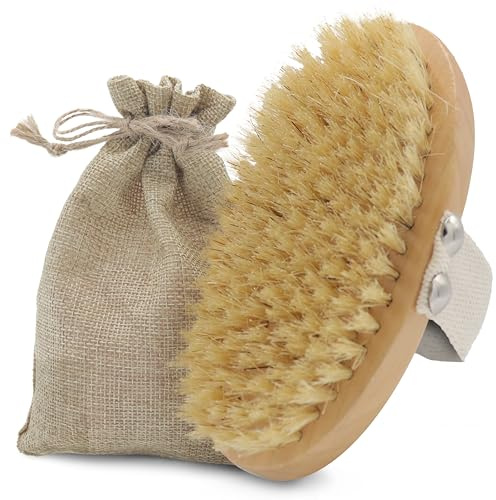 Brosse corps en bois naturel - Poils doux, massage et exfoliation peau sèche ou douche - 13 x 8 x 5 cm avec sac en tissu NUERA