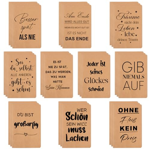 30 Stück Mini Notizblöcke, Notizbuch Klein 12.5x8cm, Liniert Kraftpapier Einband, 10 Stile Motivierende Notizbücher Tasche Tagebuch mit Inspirierenden Sprüchen für Schule Büro Heim, Geschenk-Set