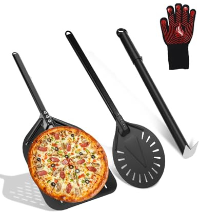 Haliya 4er Pizza Set, 9 Zoll & 12 Zoll Pizzaschieber Perforiert, Pizza Schieber mit Abnehmbarem Griff und Hitzebeständige Ofenhandschuhe, Pizzaschieber und Wender Set