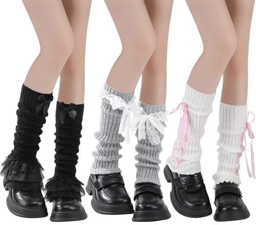 Jspupifip 3 Pairs Kawaii Leg Warmers Black Lace Bow Gothic Lolita Socks