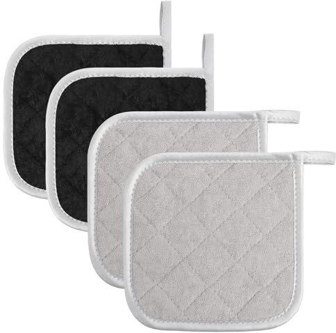Xinjoduz 4Pcs Heat Resistant Pot Holders, Thick Oven Hot Pads for Kitchen | Square Potholder with Hanging Loop Essentials Multipurpose Liner Potholders for Cooking Baking (6.69 × 6.69 Inch, Gray Black)