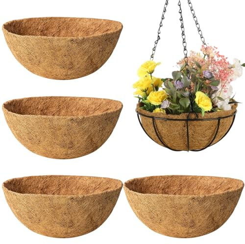 HIULLEN 4 Pcs Round Hanging Basket Liners, 12 Inch Cupped Shaped Coco Liner, Round Coco Liner, Coco Fiber Replacement Liner for Garden Plant Flower Balcony Planter