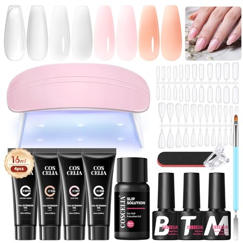 COSCELIA Poly gel naglar set, 4 färger polyförlängningsgel naglar set med UV-lampa transparent orange rosa cyan nagelset gelnaglar startset, nagelförlängning byggkit bas top coat slip solution