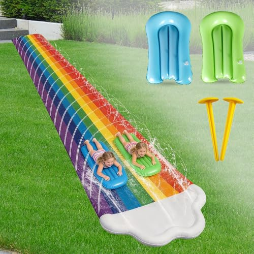 KQWVZ 15.7ft/480cm Water Slides and 2 Bodyboards, Lawn Water Slides with Sprinkler, Slip And Slide Water Slide For Kids, Garden Water Slide, for Kids Adults Outdoor Water Play Activities