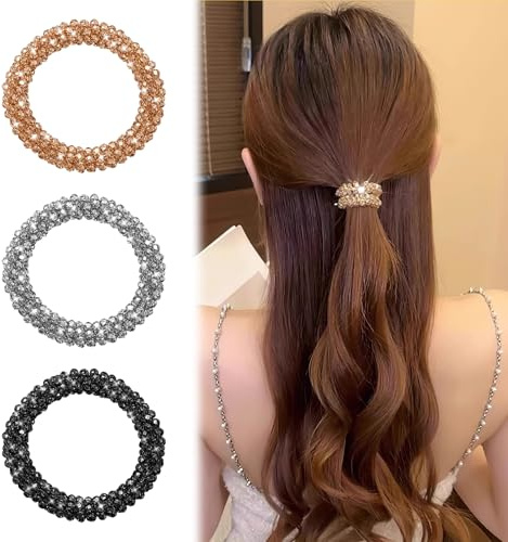 3 Stück Glitzer Haargummi Damen,Haargummi kristall,Strass Scrunchie,Scrunchies,Hair Ties,Haargummies,Haargummis Schwarz,Haarreif Silber,Elastische Haarband Gold Haarschmuck,für Frauen und Mädchen