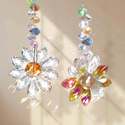 2 Stück Kristall Suncatcher Sonnenblume, mit Transparentem, für Garten | Fensterhänger Regenbogenmacher mit Transparentem Lila Kristall – Sonnenfänger Fensterdeko für Garten – Balkon – Wohnzimmer
