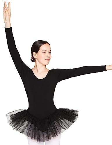 tanzmuster ® Ballettkleid Mädchen Langarm - Alea - (Größe 92-170) Tutu aus weicher Baumwolle Ballettbody Ballett Trikot in schwarz, Größe 164/170