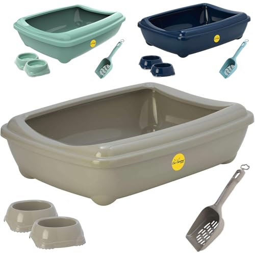 CAT CENTRE Grey Jumbo Deep Cat Litter Tray With Rim + Two 0.3L Bowls + Scoop Open Toilet Bundle for Cats & Kittens