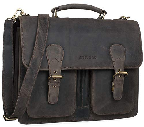 STILORD 'Karl' Aktentasche Herren Lehrertasche Bürotasche Laptoptasche Umhängetasche XL Businesstasche Vintage groß aus echtem Leder, Farbe:dunkel - braun