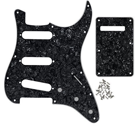 FLEOR Set mit 11 Löchern SSS Style Pickguard und Tremolo Cavity Cover Back Plate mit Schrauben für US/Mexican Standard ST Gitarrenteile, 4Ply Black Pearl