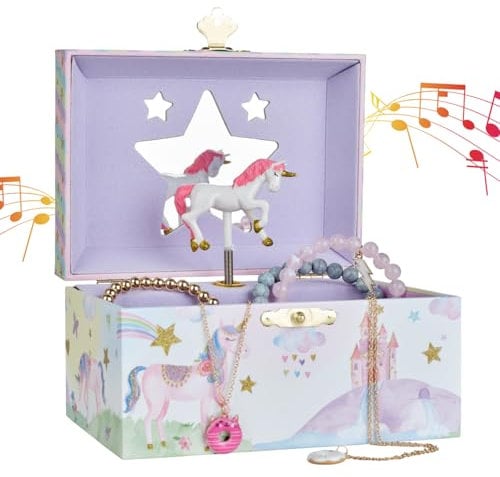 Jewelkeeper Musikalisches Schmuckkästchen Mädchen - Einhorn Design mit Drehfigur und Musikspieluhr, Rosa Schmuckschatulle zur sicheren Schmuckaufbewahrung - 21.8 x 27.4 x 38.3 cm
