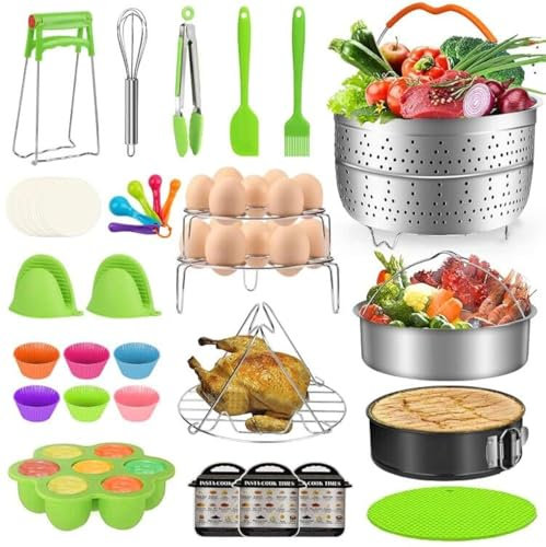 Juego de accesorios para ollas instantáneas con cesta de vapor de acero inoxidable, soporte para huevo, bandeja antiadherente de forma de resorte, soporte para vapor, 1 par de manoplas de silicona
