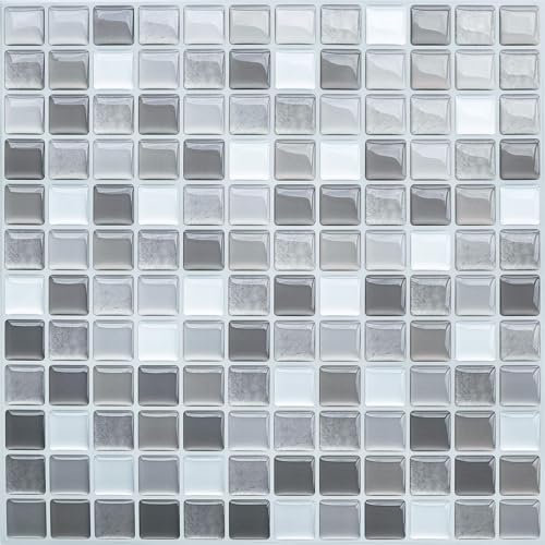 HyFanStr 3D Fliesenaufkleber Küche, Selbstklebende 3D Mosaik Fliesenaufkleber Bad Wasserdicht Fliesendekor Aufkleber 23.6X23.6cm Grau