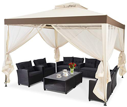 COSTWAY Tonnelle de Jardin 3 x 3M en Polyester Imperméabilisé Anti UV 50+, Tente Réception à Double Toit avec 4 Moustiquaires Amovibles Zippées, pour Terrasse Jardin Cours (Beige)