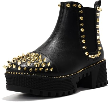 Cape Robbin Damen Plateau Combat Boots Pull-on Ankle Booties Nieten Goth Punk mit Stacheln Design & Chunky Heel - Gr, Schwarz Gold, 42 EU
