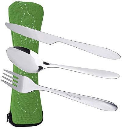 Prettyui - Juego de cubiertos de acero inoxidable con bolsa organizadora para viajes, camping, vajilla con caja de almuerzo para picnic, cuchillo de escuela, cuchara, estuche verde (3 unidades)