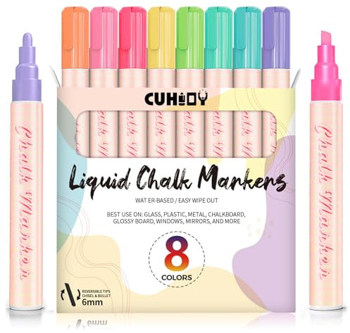 CUHIOY Chalk Pens for Blackboards Wipeable, 8 Pack Chalkboard Markers Colour, Washable Pastel Chalk Markers Fine Tip for Window, Glass and Bistro - 6mm Reversible Bullet&Chisel Tip