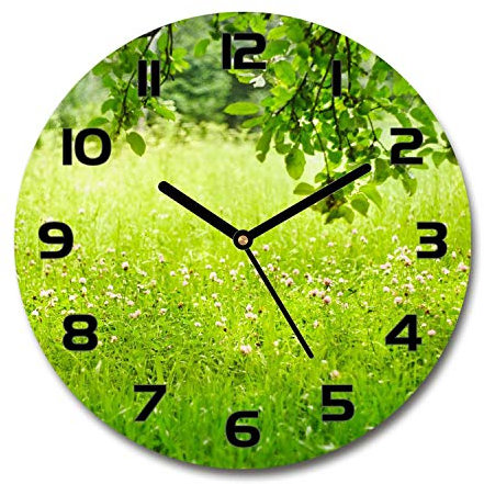 Tulup Glasuhr ⌀ 30cm - Schwarze Zeigern - Wanduhr Wandkunst Bild Gehärtetem Glas Uhr Echtglas Küche Wohnzimmer - Grüne Wiese