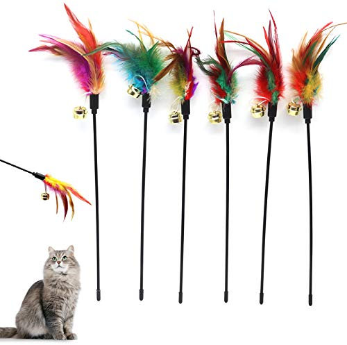 Besimple 6 Stück Katzenfederstab-Spielzeug, Katzenfarbe variiert Feder-Teaser Übungsstab, Bunte Federn, Glockenspielzeug für Katzen und Kätzchen