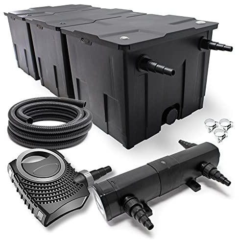 Wiltec Komplettset: CBF-350C Teichfilter bis 90000 L Teichfilteranlage Durchlauffilter, NEO12000 Teichpumpe 12000l/h 100W, CUV-236 Teichklärer 36W, 10m Teichschlauch 38 mm, Schlauchschellen W1 44-47mm