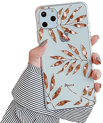 Tybiky Carcasa para iPhone 11 Pro, diseño de flores reales, silicona suave, protección contra arañazos y golpes, carcasa para Apple iPhone 11 Pro, hoja dorada