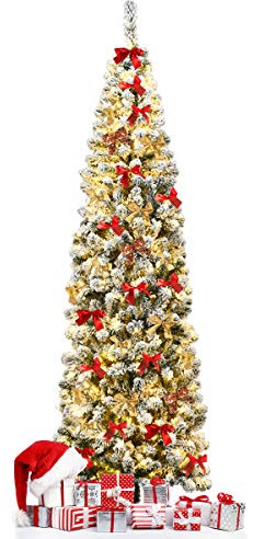 RELAX4LIFE Albero di Natale Slim 140/180/230CM, Albero di Natale con 150/250/350 Luci Incorporate, Albero Artificiale Innevato, Decorazioni Natalizie per Camino Home Office (230CM, Innevato)