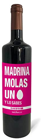 Regalo original. Botella de vino tinto Madrina molas un huevo. 75cl.