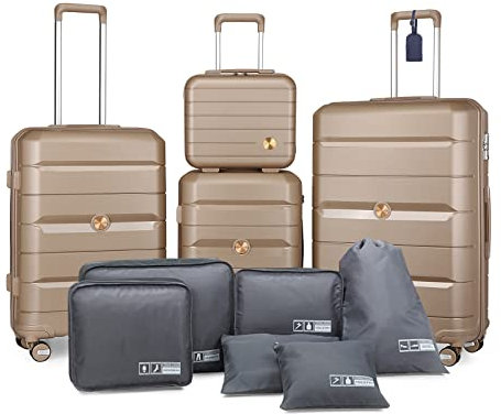 Somago Gepäcksets mit Spinnrollen, Hartschalenkoffer, Reiseset, leichte Polypropylen-Koffer mit TSA-Schloss und YKK-Reißverschluss, Edles Gold, 5-Piece Set (14/20/24/28/Packing Cube),