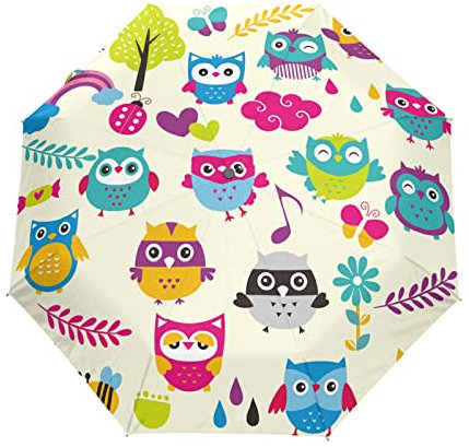 Cartoon Eulen Vögel Regenschirm Automatik Auf-Zu Taschenschirm Umbrella Kompakt Schirme für Jungen Mädchen Strand Frauen