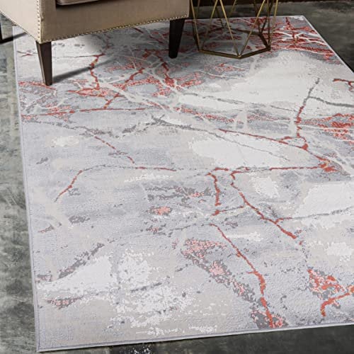Carpeto Rugs Abstraktes Vintage Designer Teppich - Kurzflor - Weich Teppich für Wohnzimmer, Schlafzimmer, Esszimmer - ÖKO-TEX Wohnzimmerteppich Marmor Optik - Grau Lachsfarben - 200 x 300 cm