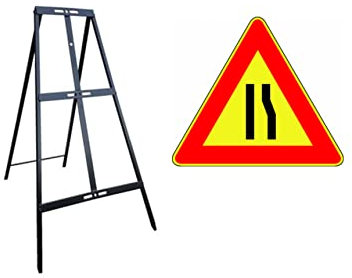 CARTELLO IN LAMIERA SCATOLATA TRIANGOLO lato 90cm - strettoia asimmetrica a destra - SEGNALE CATARIFRAGENTE CON CAVALLETTO (CARTELLO)