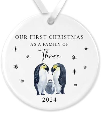 Family of Three First Christmas Ceramic Bauble - Penguin-Themed Festive Ornament, Gift Box - Ideal New Parents & Baby’s First Xmas Keepsake