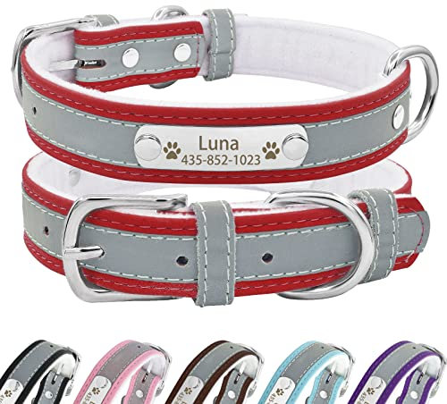 Senristar Personalisierte Reflektierende Leder Hundehalsband mit Warmem Futter, Individuelle Hundehalsband mit Namensschild Eingraviert für Kleine Mittlere und Große Hunde und Katzen