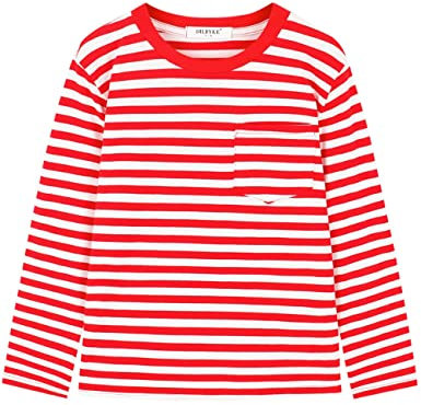 Boys Girl T-Shirts Long Sleeve Striped Crew Neckline Kid Patchwork Tee Shirt Cotton, Red White Narrow, 11-12 Years
