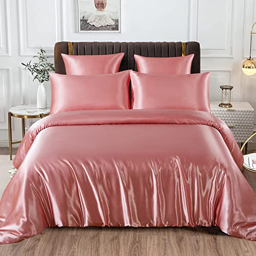 Lanqinglv Luxe Housse de Couette Satin 220 x 240 cm Rose avec 2 Taies d'oreiller 65x65cm Unie Parure de Lit Adulte Ado 2 Personnes Linge de Lit Satin de Soie Soyeux Brillante avec Fermeture Éclair