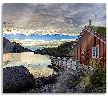 Pixxprint Sunrise am Fjord Norvège Plaque de protection pour cuisinière et protection anti-éclaboussures en verre véritable 60 x 52 cm