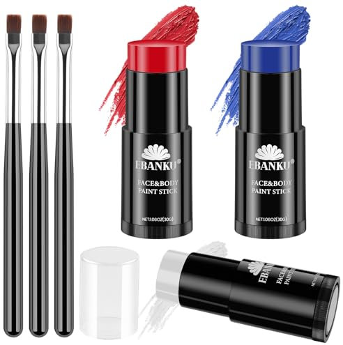 EBANKU Colors Face Body Paint Stick Oil, schwarze Sticks für Sport, Creme Skeleton Joker Mime Foundation Make-up, Gesichtsbemalungsset für Halloween, Kostümparty (Weiß, Rot und Dunkelblau)