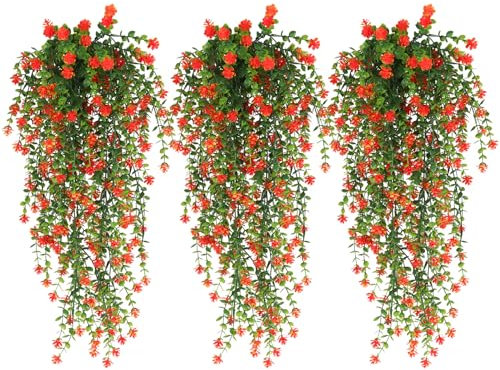 RECUTMS Faux Hanging Plants Hanging Greenery Outdoor Artificial Vines for Outdoors Fake Plant with flowers Artificial Hanging Plants Indoor Outdoor Wall Garden Wedding Interior Decoration(Orange Red)