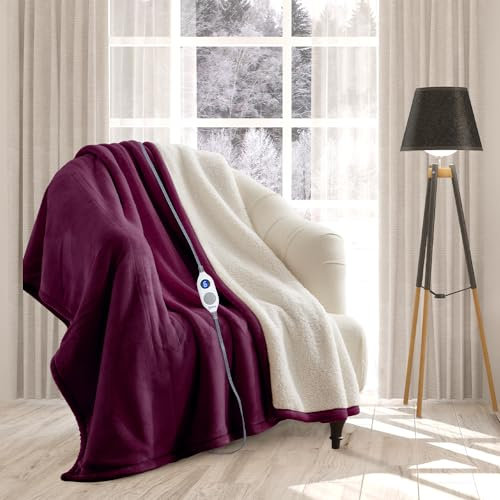 rejuvopedic Electric Heated Blanket Throw Fleece Sherpa EXTRA LONG 180cms, (Plum) 6 Heat Settings, Auto Shut Off, Machine Washable