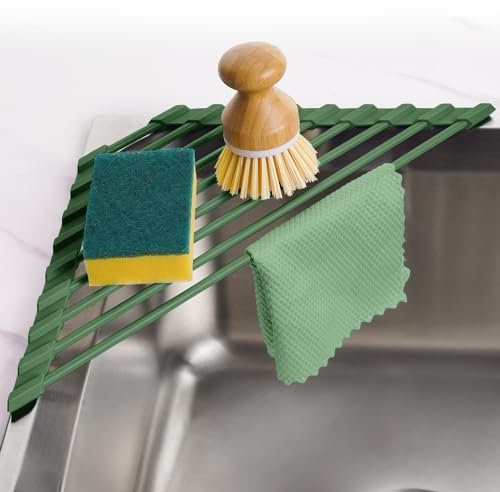 Tomorotec Kompaktes dreieckiges Abtropfgestell mit Silikonbeschichtung für Waschbeckenecke, Faltbarer Edelstahl-Organizer und Aufbewahrungsregal (Armeegrün)