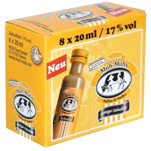 Original Muh‑Muhs Toffee & Vodka Likör 20ml-Fläschen (17% vol) 8er Display Karton im 12er Vorratspack – Cremig leichter Sahnelikör mit Vodka mit Original Sahne Muh-Muhs Toffee Geschmack (12 x 160ml)