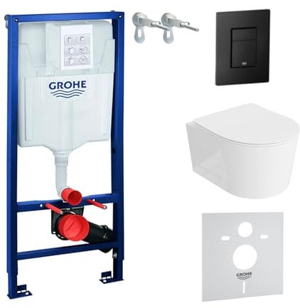Lavita Vorwandelement Solido + Wand Hänge WC Loso Weiß Spülrandlos + WC Sitz mit Absenkautomatik Schwarzer Knopf Komplettset Unterputz Spülkasten Toilette Komplett Sett WC