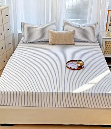 Odot Streifen Einfach Stil Spannbettlaken Elastisch, Spannbetttücher bis 25cm Tiefe Taschen Spannbetttuch Spannleintuch für Boxspringbetten, Bettlaken für Einzelbett Doppelbett (90x200cm,Blau)