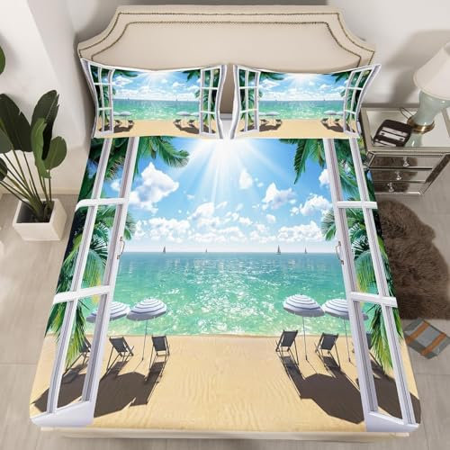 3D Spannbettlaken 90x200 cm Tropisch Weiches Mikrofaser Bettlaken Spannbetttuch für Kinder, Hawaii Bettlaken - Tiefe Tasche 30 cm Mit 1 Kissenbezügen L542