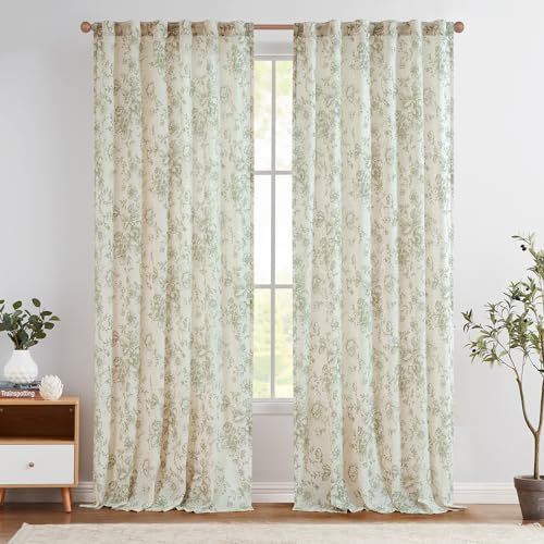 TOPICK Leinen Gardinen Floral Vorhänge mit verdeckten Schlaufen Lichtdurchlässig Bauernhaus Lang Gardinen Fensterschal für Wohnzimmer Schlafzimmer Fenster,2er Set 140 B x 225 H (cm),Grün auf Beige