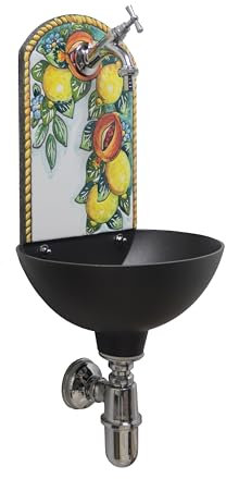 Fontaine murale Petra avec façade en pierre de lave peinte à la main, décor citrons et grenades, baignoire en aluminium, avec robinet et siphon (laiton chromé)