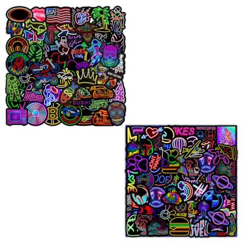 Coole Lustige Neon Sticker Set, 100 Stück Wasserfeste Vinyl Sticker, Neon Sticker Set, Aufkleber, für Laptop Skateboard Scrapbook Trinkflasche Handy Tagebuch Tassen Moped, Mehrfarbig